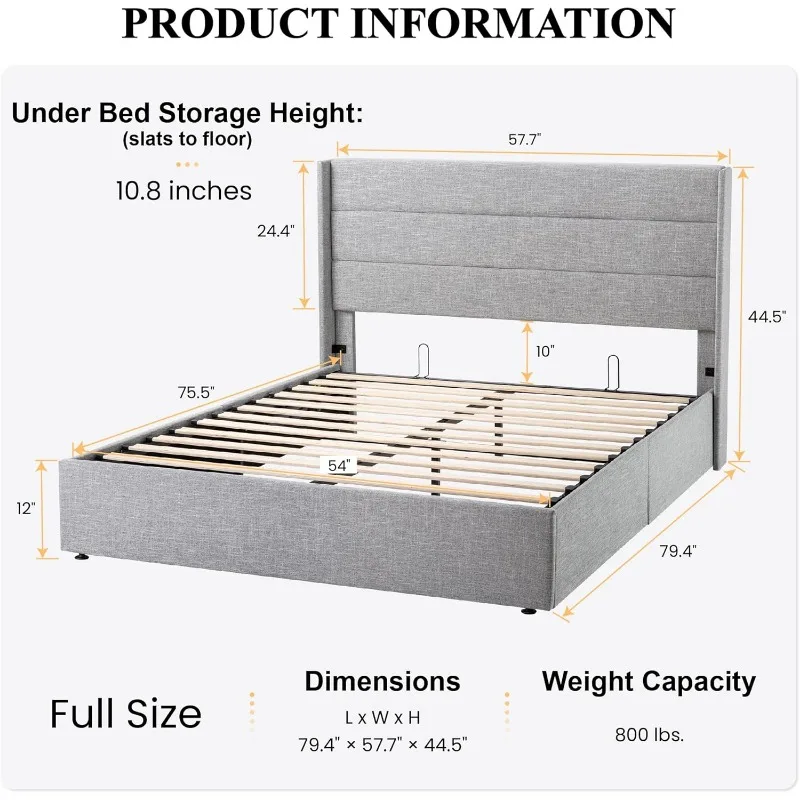 Full Size Lift Up Storage Bed/Modern Wingback Headboard/Upholstered Platform Bed Frame/Hydraulic Storage