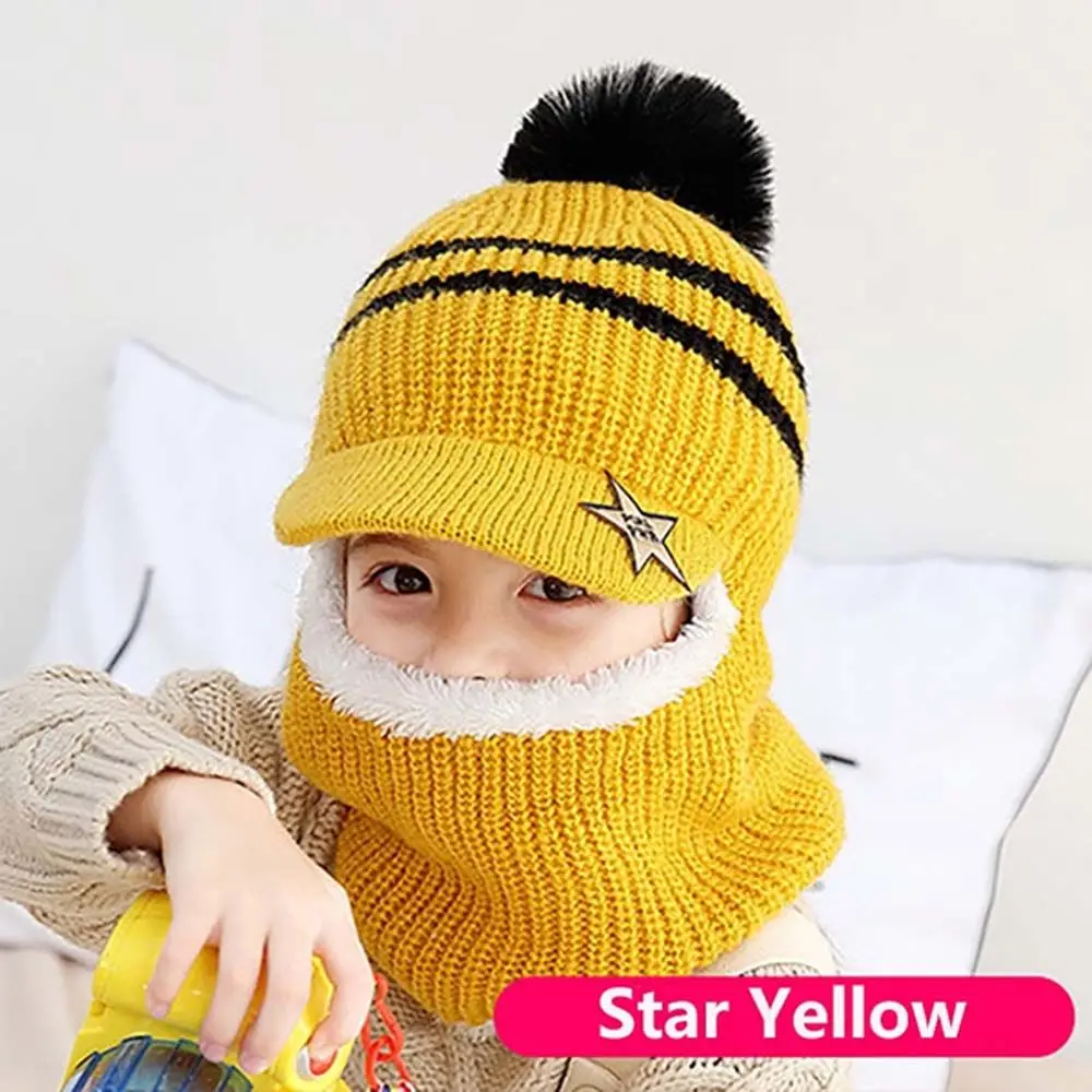 

Woolen Windproof Headwear With Scarf Full Face Cover Neck Warmer Baby Bonnet Children Winter Hats Knitting Hat Caps