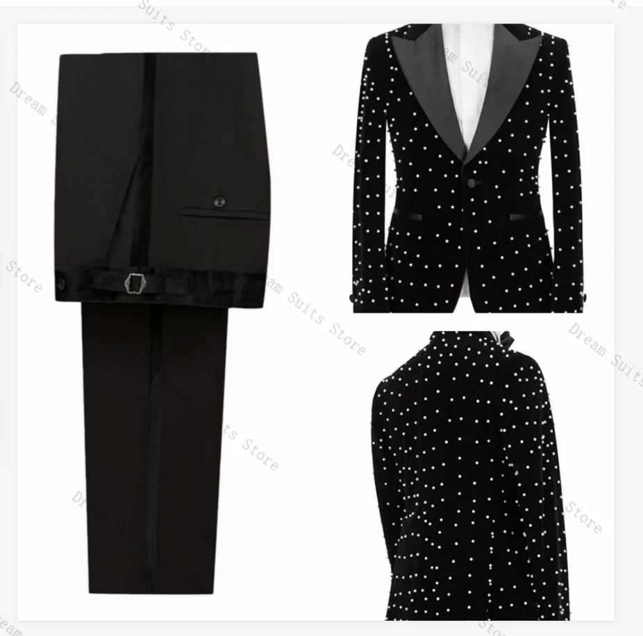 

Pearls Black Men Suit Set 2 Piece Blazer+Pants Trousers Customized Formal Business Office Jacket Wedding Tuxedos Coat Outfit