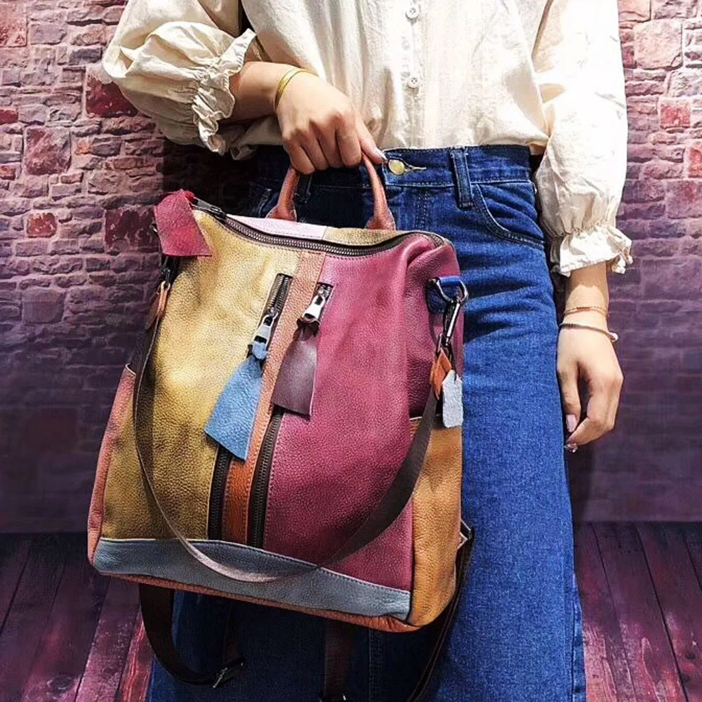 Imagem -04 - Mortaora-mochila de Couro Genuíno para Mulheres Estilo Retro com Patchwork Bolsa de Luxo Alta Qualidade para a Escola Adolescentes e Meninas