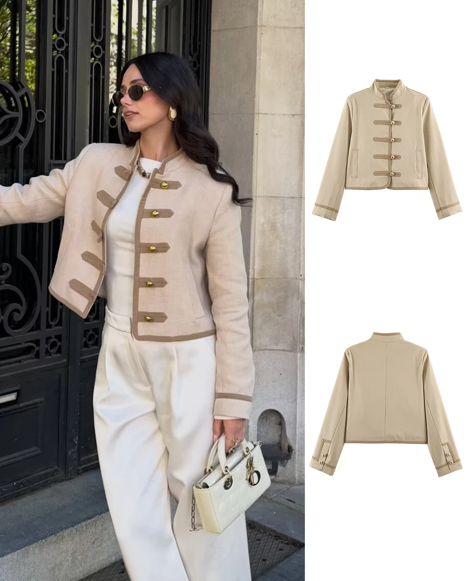 SLTNX Vintage Women's Jacket Stand Collar Single  2026 Spring Lady Chic Apricot Outwear New