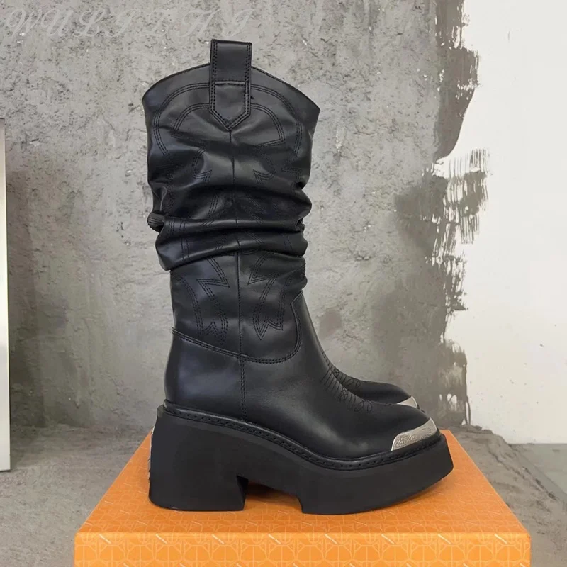 Women's Genuine Leather Pleated Modern Boots Embroidered Metal Toe Platform Female Shoes Trendy Slip-On Western Cowboy Boots