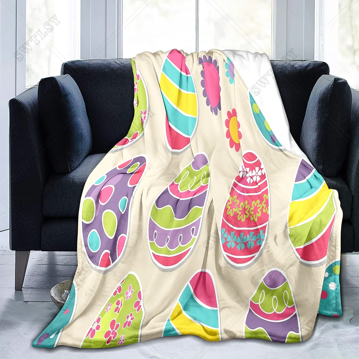 Easter Eggs Flannel Throw Blanket Colourful Eggs Pattern Easter Gifts Blanket King Queen Size for Bed Sofa Couch Lightweight