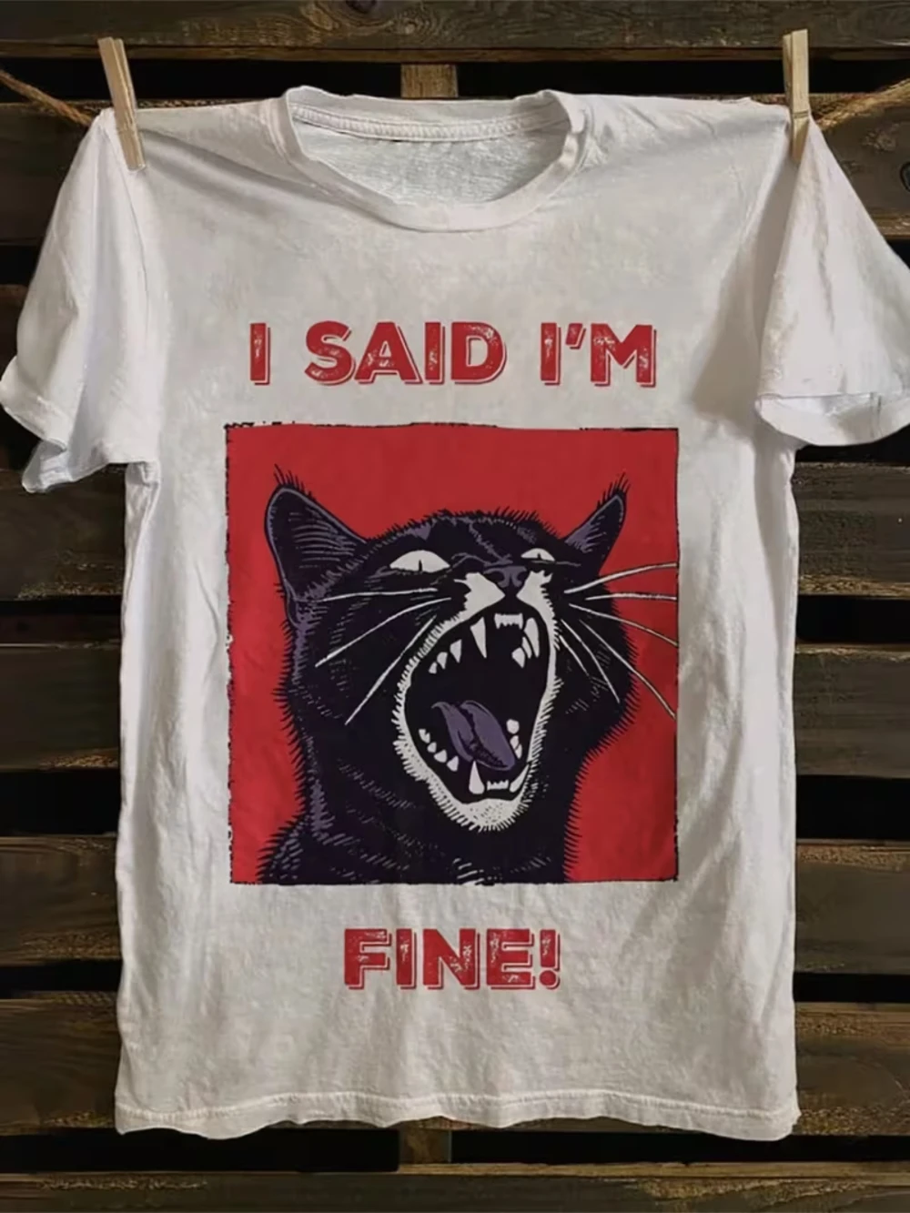 Men's Y2K Streetwear T-Shirt 100% Cotton Black Cat Print and I SAID I'M FINE! Slogan White Casual Short Sleeve Round Neck Tee