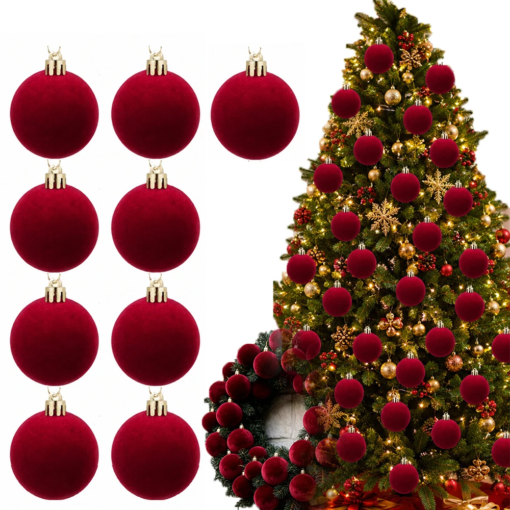 5cm Velvet Christmas Ball Wine Red Solid Flocked Hang Balls Xmas Tree Hanging Pendant Festival Wedding Party Home Wreath Decor
