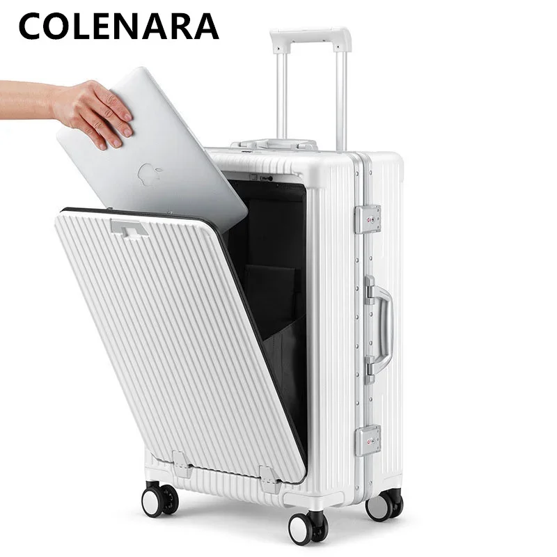 COLENARA Suitcase 18 Inch Front Opening Aluminum Frame Boarding Box Men 24 Laptop Trolley Case USB Charging Carry-on Luggage