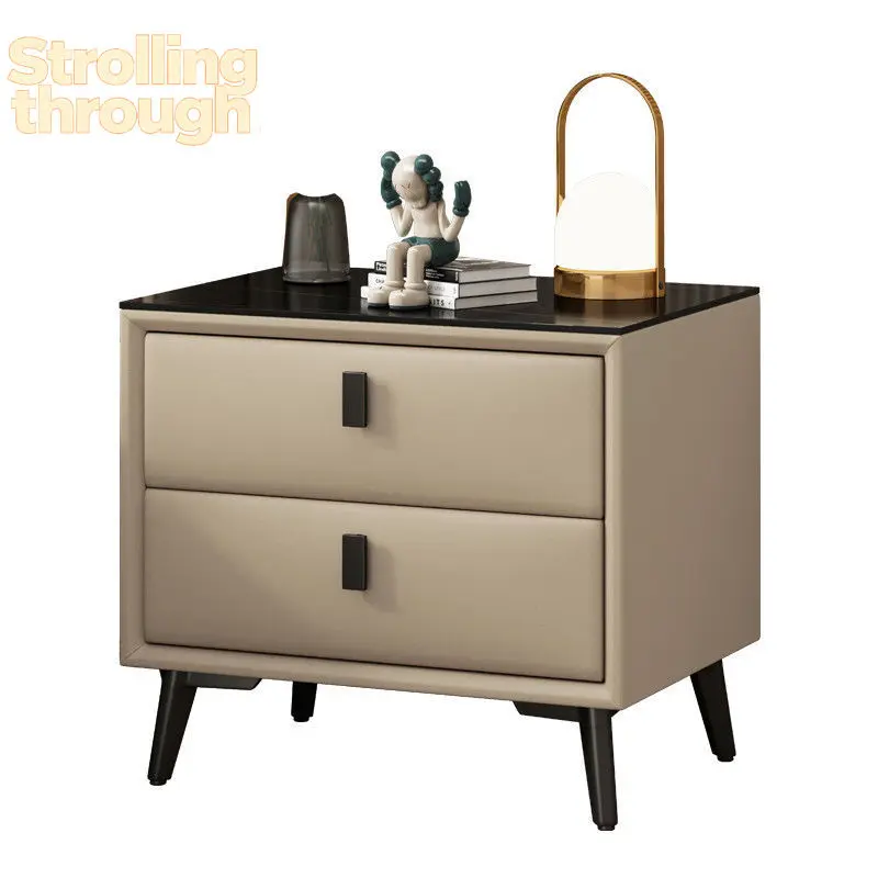 

Leather bedside table Modern simple household light luxury Small multi-functional solid wood bedroom storage Bedside cabinet