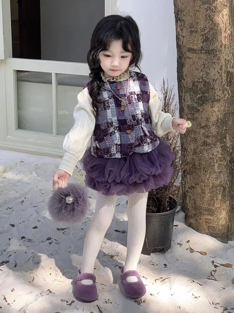 Children Fashion Elegance Clothing Autumn Winter Baby Girls Clothes Set Purple stripe Vest Coat+Sweater+Flower bud skirt 3Pcs Su