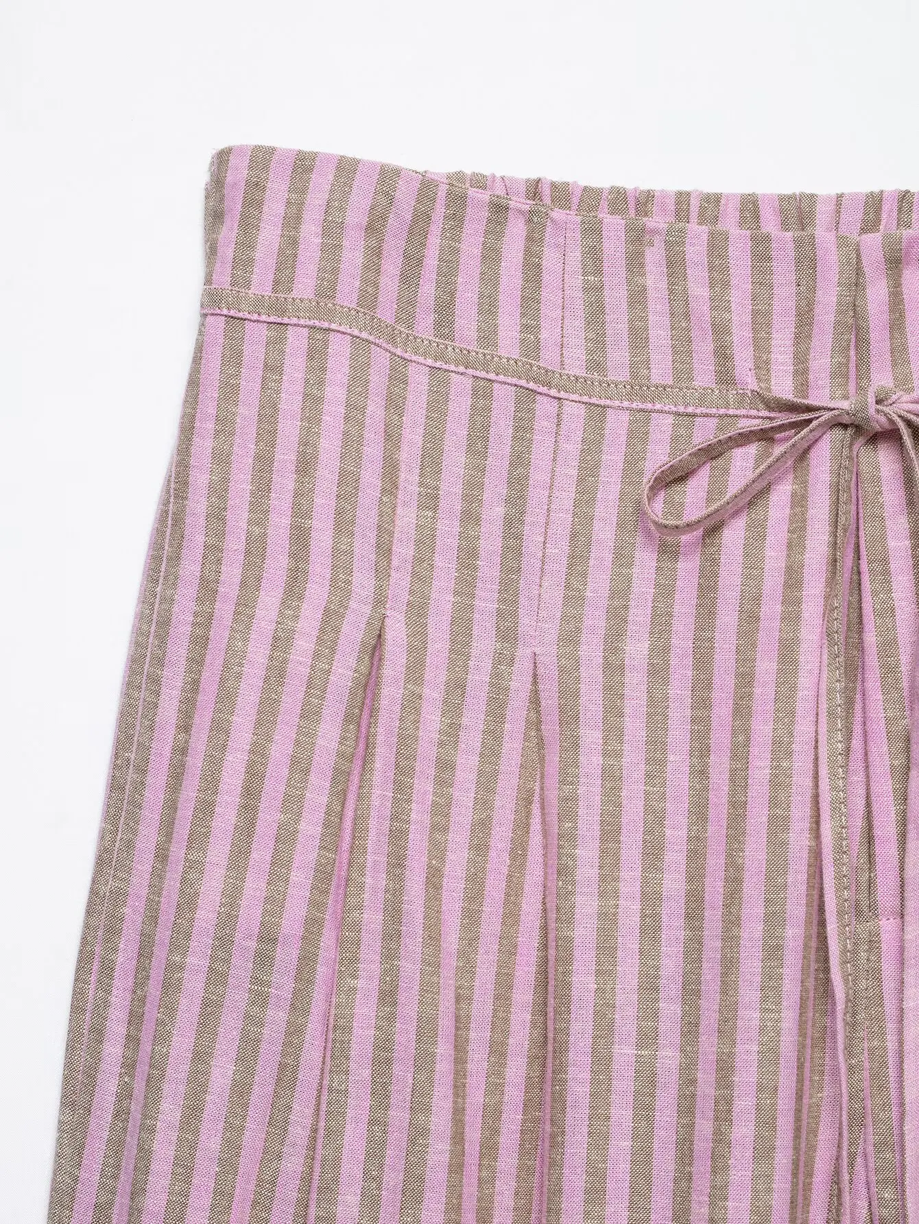 Women's Striped Pants 2026 New Summer Mid-waist Lace Up Pleats Casual Female Fashion Vintage Wide-leg Pants