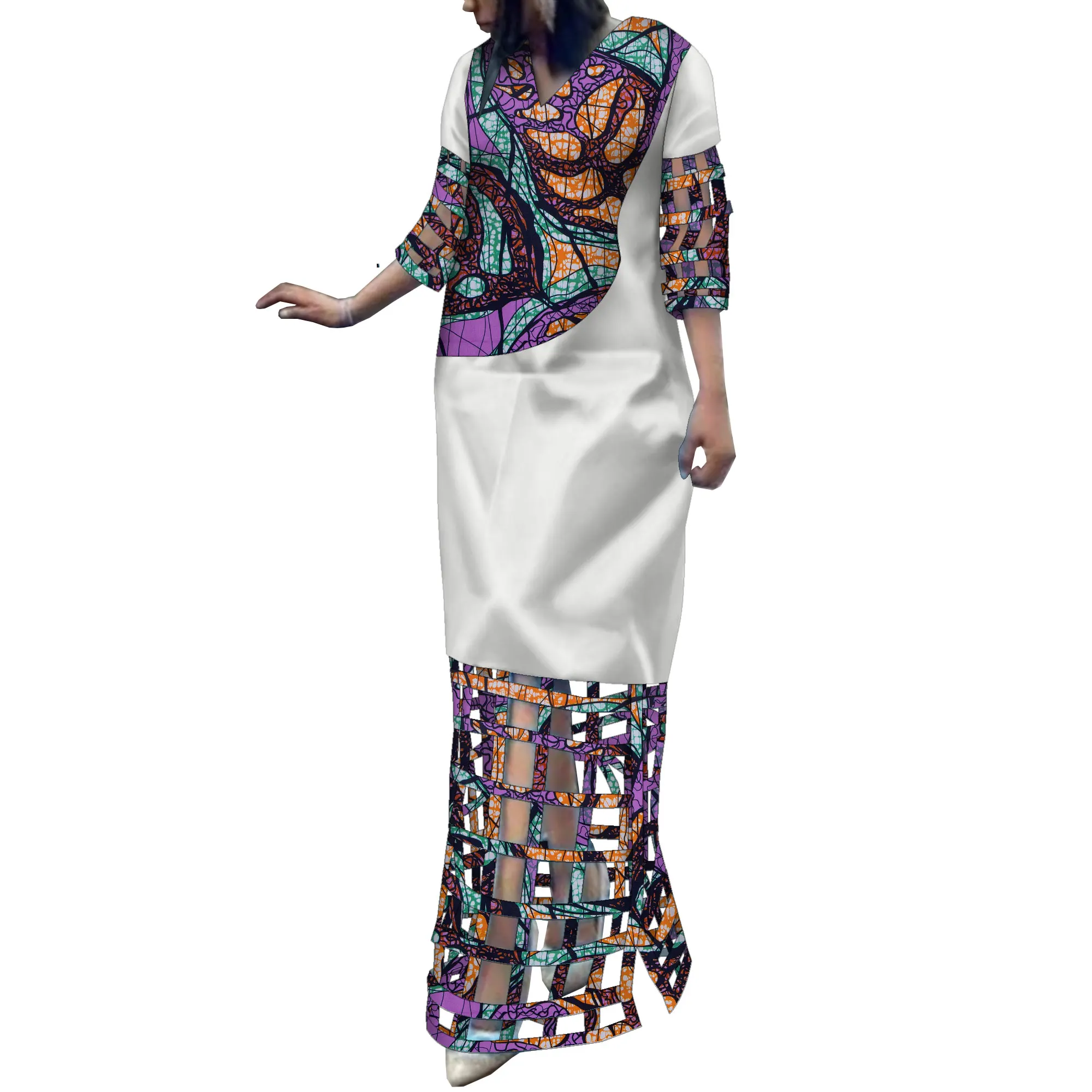 

African Women Hollow Dresses Free Customize Ankara Dashiki Lady Party Clothes Half Sleeve V Neck Dress Cotton Print Wy10499