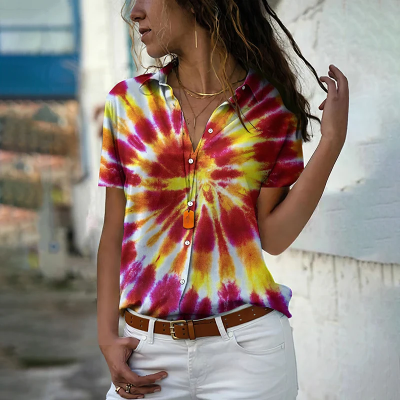 Women Shirts Colorful Abstract Tie Dye 3D Print Blouses Woman Short Sleeve Harajuku Tops Fashion Girls Oversized Hawaiian Shirt