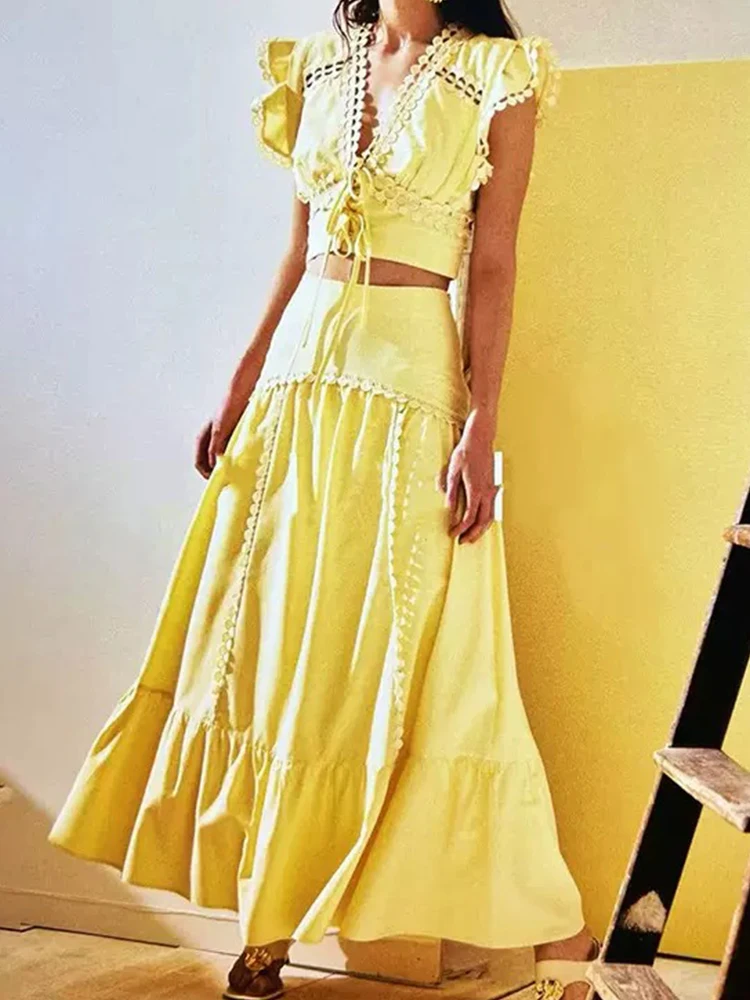 Fashion women's suit summer new hollow splicing V-neck short open waist top+high waist skirt temperament two-piece dress