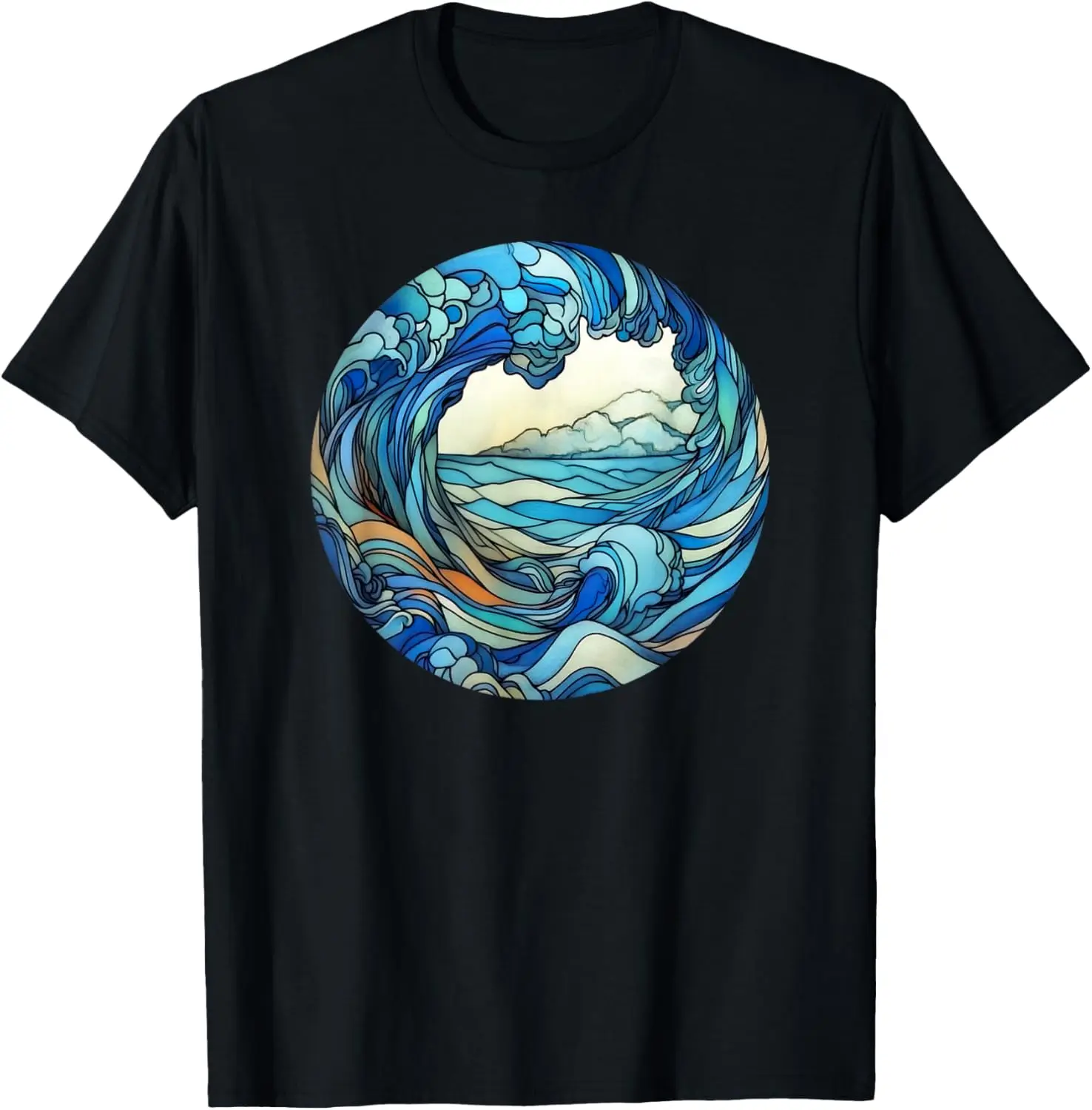 Ocean Wave Forming Heart Cloud Stained Glass Pattern Print T-Shirt