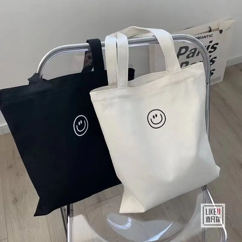 Bolsa de ombro de lona feminina sorridente rosto impressão senhoras casual bolsa tote grande capacidade algodão reutilizável sacola de praia de