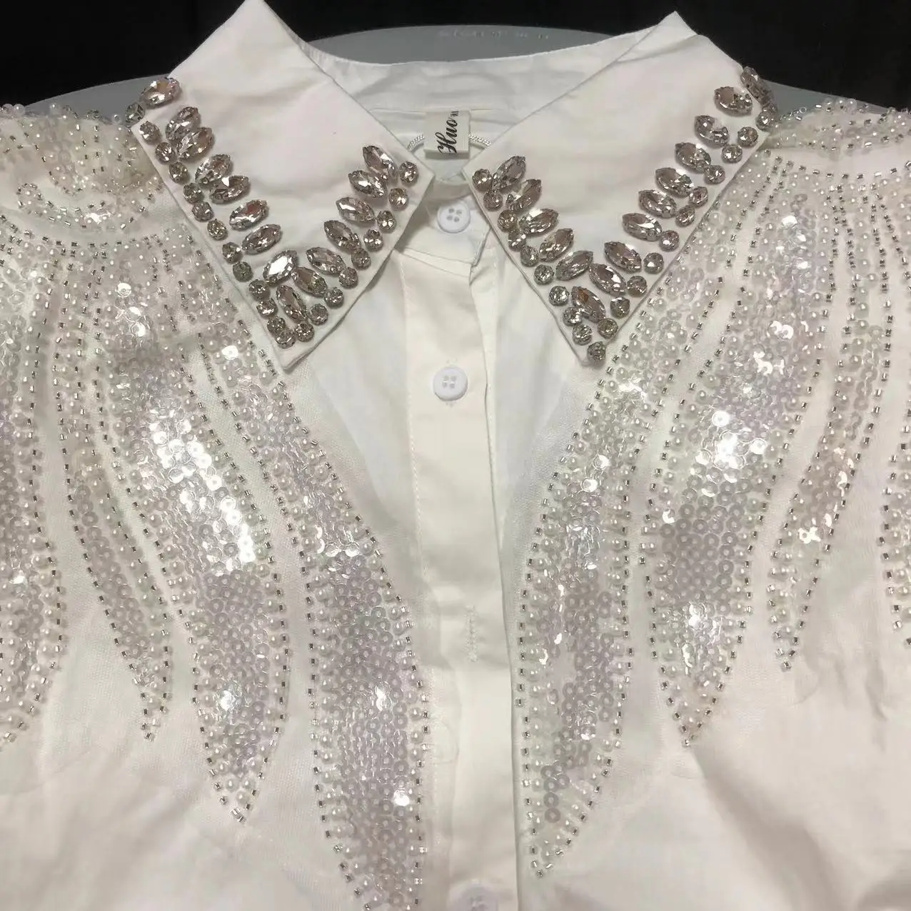 Real Photos Beaded Sequined Embroidery Cotton Blouses Shirts Women 2024 Summer Short Sleeve Office Lady Tops Camisas De Mujer