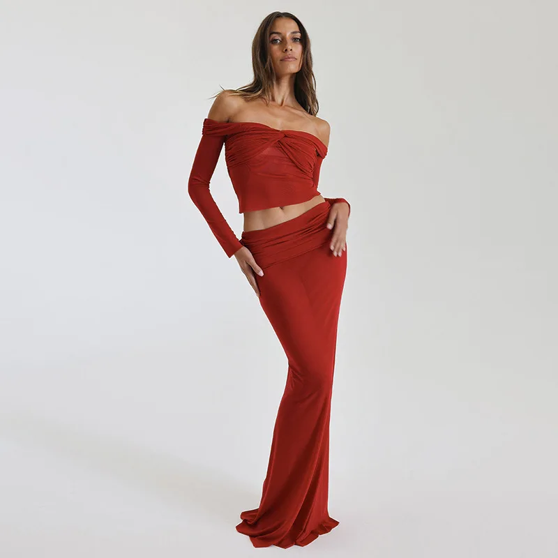 F24ST086 Style 2024 Summer Women's One Shoulder Backless See Through Twisted Top, Hip Hugging Half Skirt