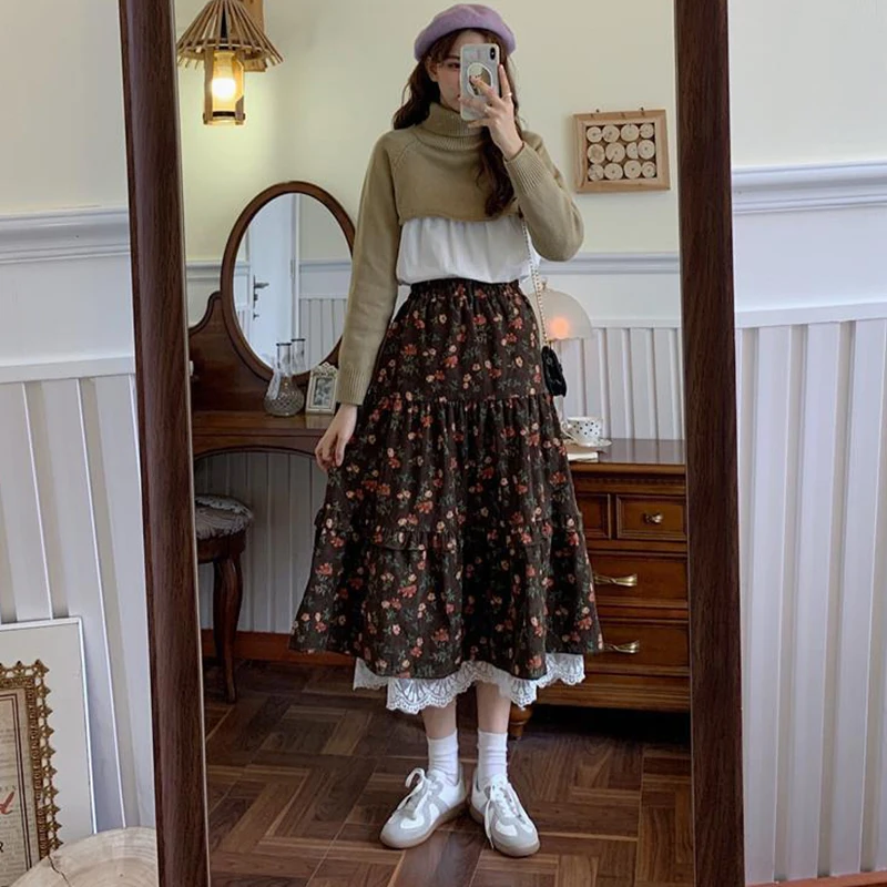 Rimocy Vintage Lace Printed Skirt for Women Korean Elastic High Waist Long Skirts Woman Ruffle Pleated A Line Skirts Female