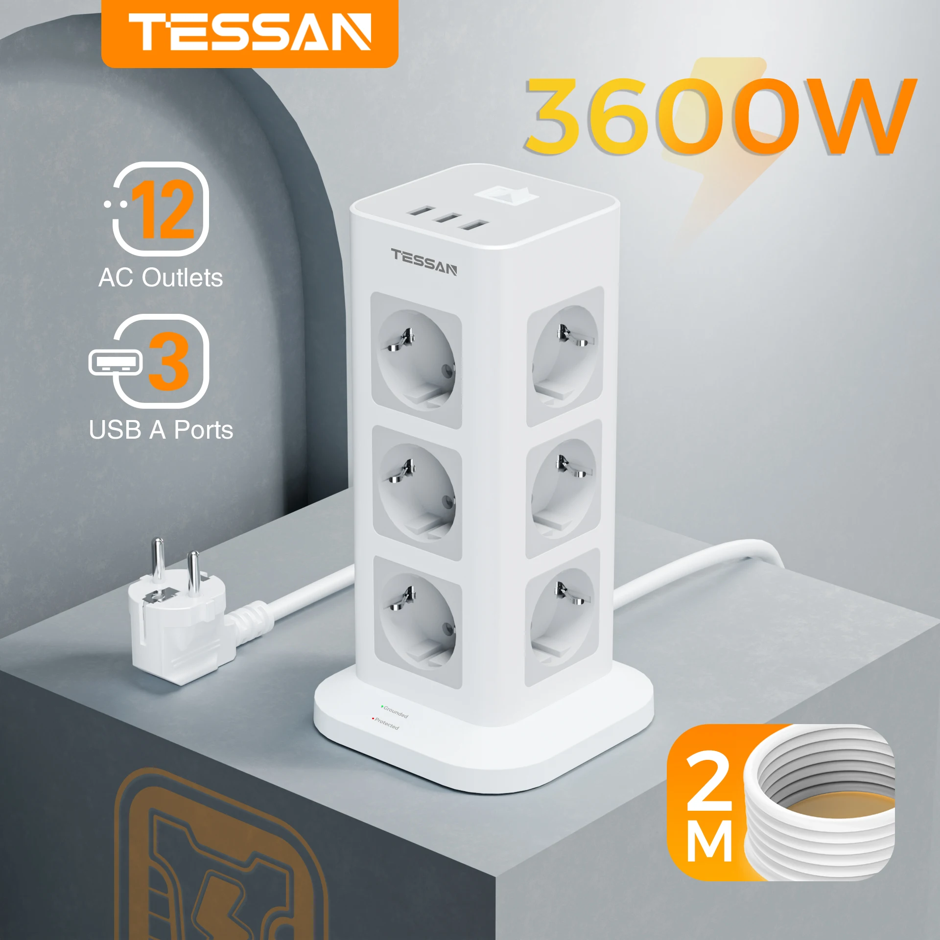 

TESSAN Vertical Tower Power Strip Multi Outlets with USB 2M Extension Cable EU KR Plug Electric Socket Surge Protection for Home