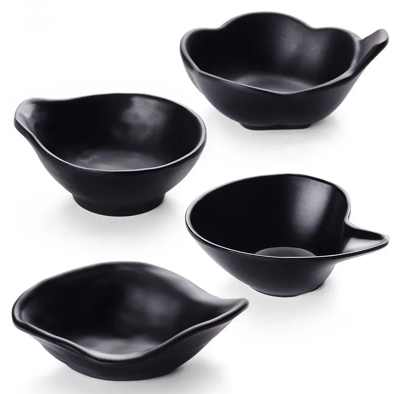 Black Frosted Plastic bowls Melamine Tableware Restaurant Sauce Bowl Creative Handle Bowl Irregular Tableware Snack Plate