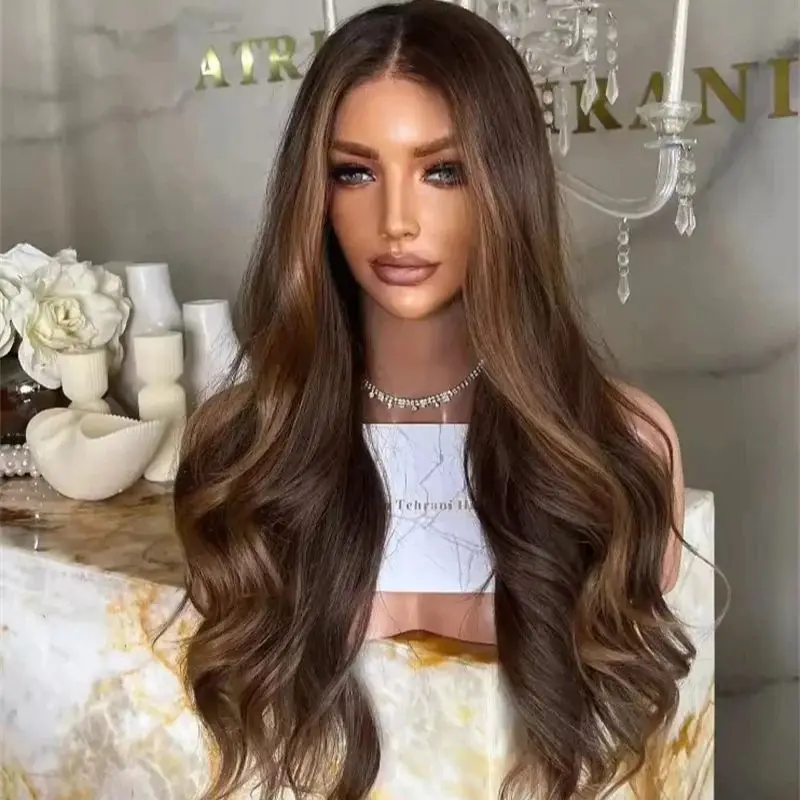 Lace Front Wig Long Wavy 13x4 Synthetic Ombre Chestnut Brown Balayage Hair Realistic Hairline Look 150 Density High Heat Fibre