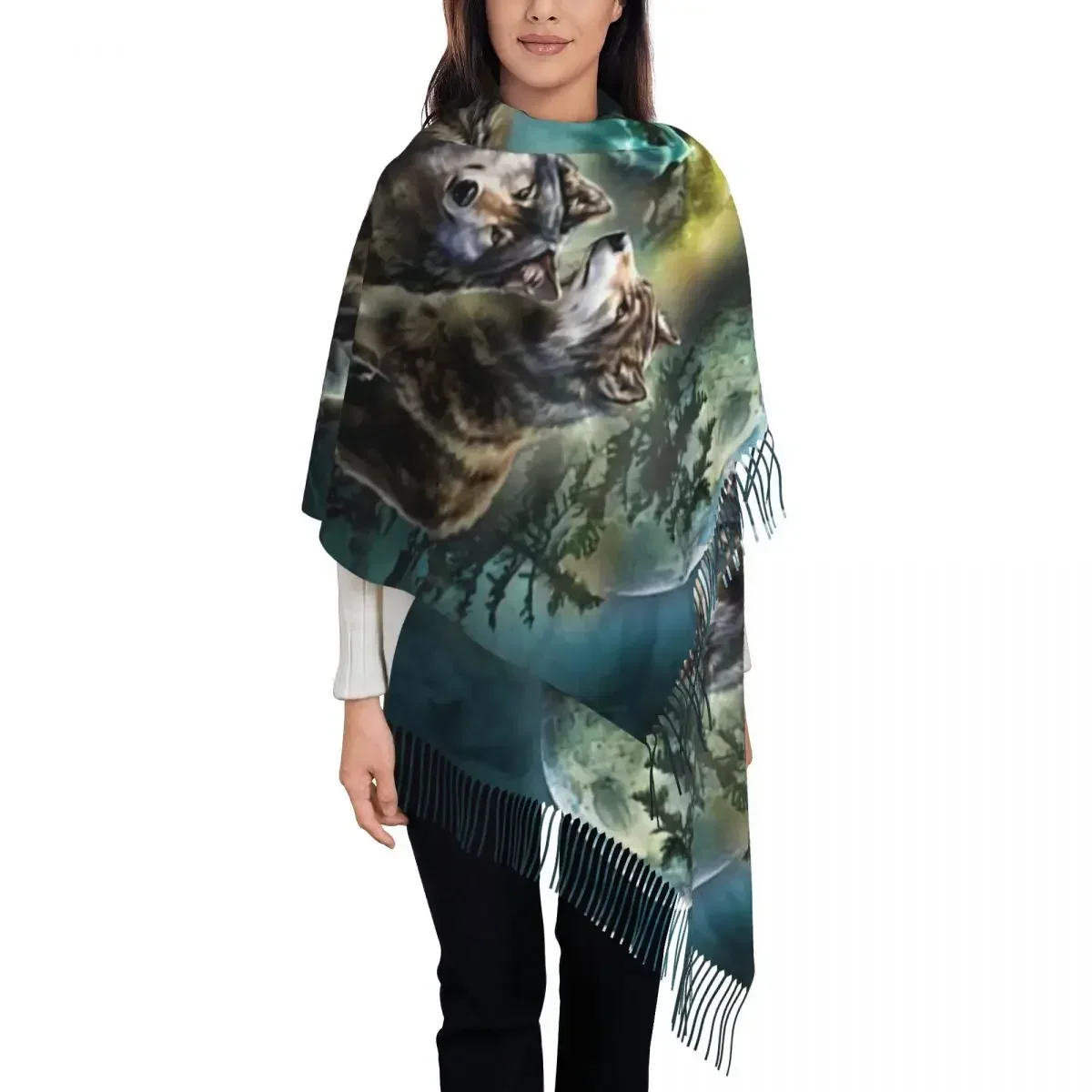 

Female Long Wolf Scarves Women Winter Thick Warm Tassel Shawl Wrap Moon Scarf