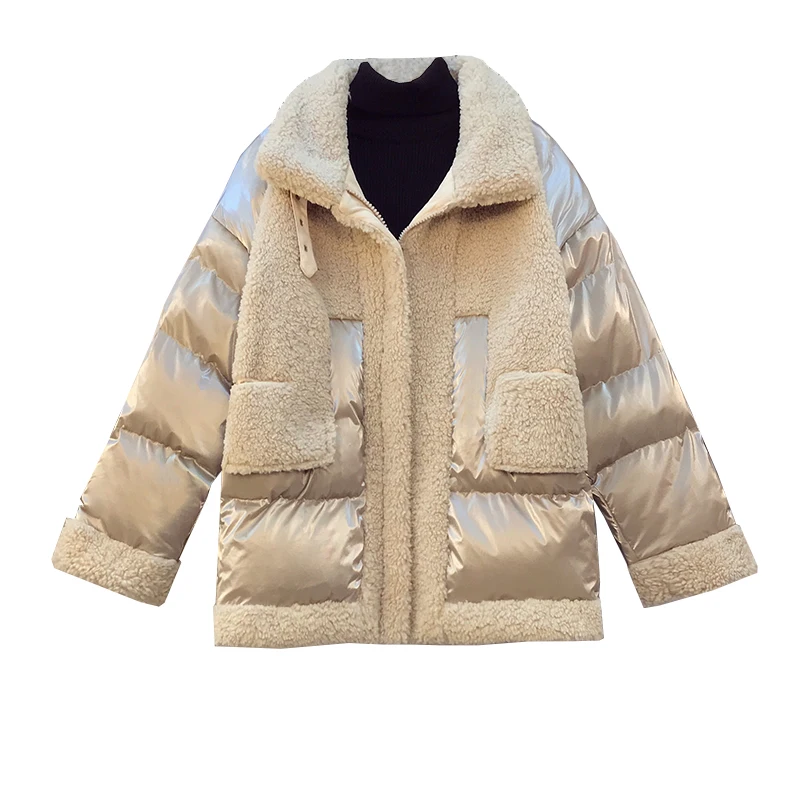 

Женская модная верхняя одежда больших размеров 2025, женская зимняя куртка, пальто в корейском стиле, свободная модная лоскутная куртка из овечьей шерсти, парка