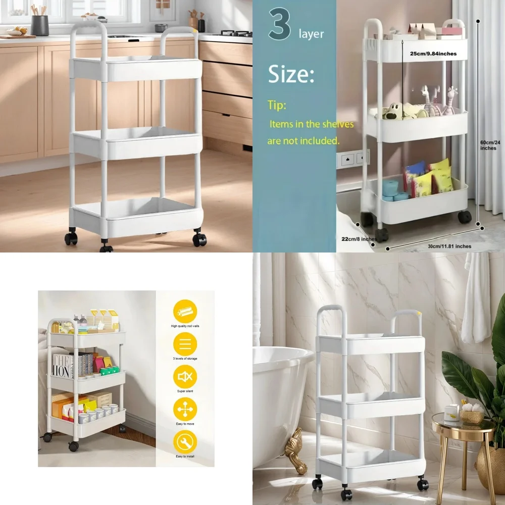 

3 Tier Rolling Storage Cart with Wheels Multifunctional Organizer for Home Bathroom Kitchen PVC Utility Cart Compact Storage