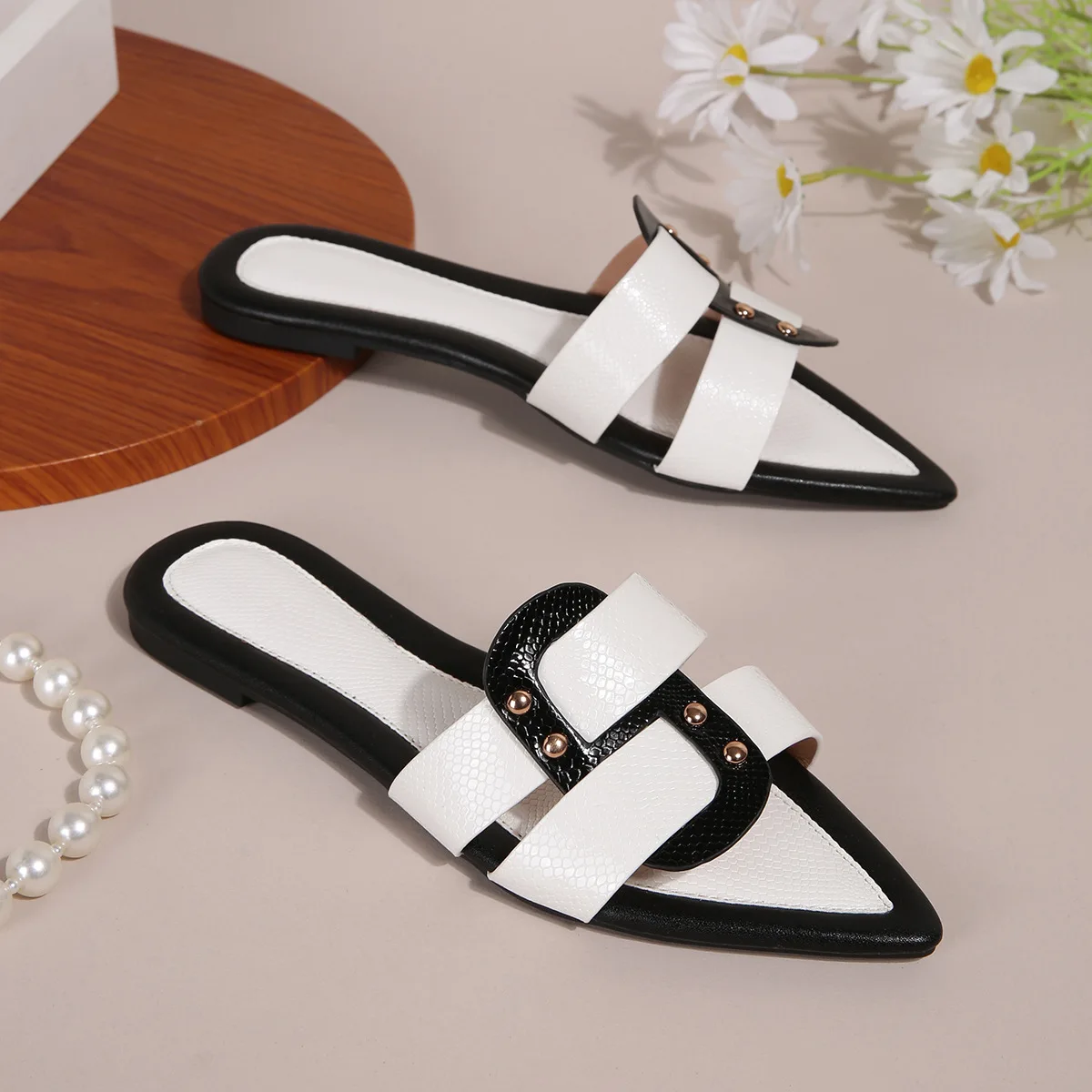 

Jinxixi Women's Summer Footwear Flat Slippers for Woman White Gold Black Leather Pointed Toe Dress Shoes Outdoor Sandals Ladies