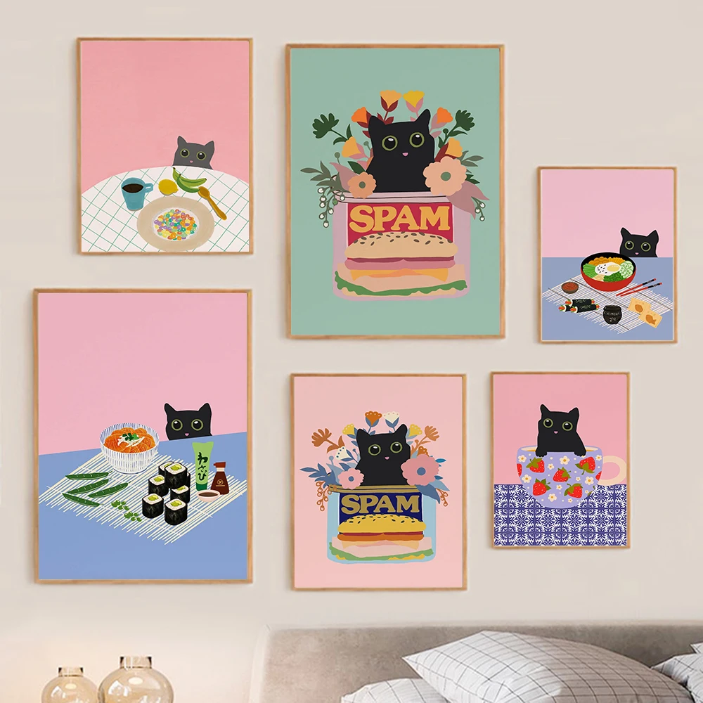 

Korean Food Street Kimchee Poster Print Modern Black Cat Picnic Kitchen Wall Art Canvas Painting Decor Home Easter Kidroom