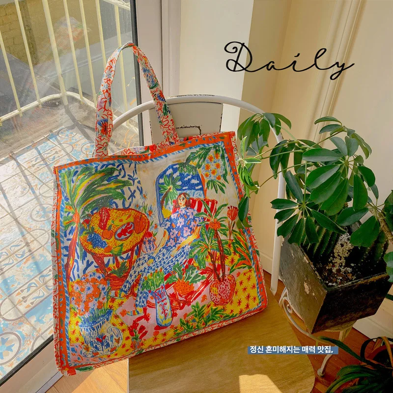 Fashion Canvas Tote Bag Printing Shoulder Bags For Women High Capacity Cross Body Bag Casual Shopper Bags Daily Handbag