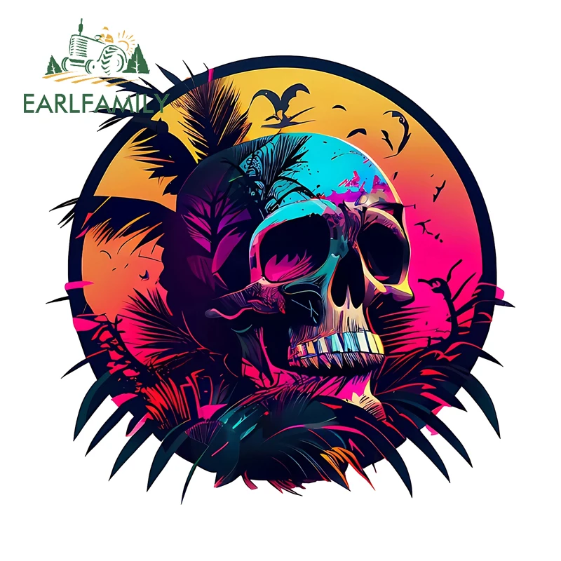 EARLFAMILY Skull Sunset Decal Refrigerator Funny Fashion Motorcycle Luggage Car Stickers Waterproof Windshield Car Accessories
