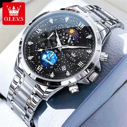 OLVES Starry Men's Watch Quartz Business WristWatches for Man Stainless Steel Watch Waterpoof Date Moon Display