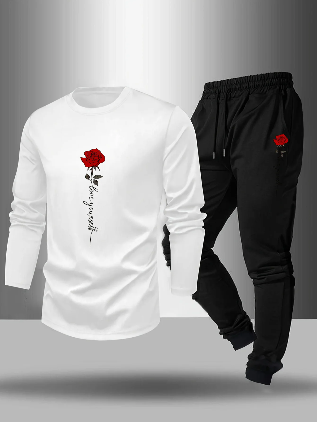 

2025 Autumn New Y2K Men's Sports Set Rose 3D Printed Quick Drying Long Sleeve T-shirt Outdoor Fitness Essential Two Piece Set