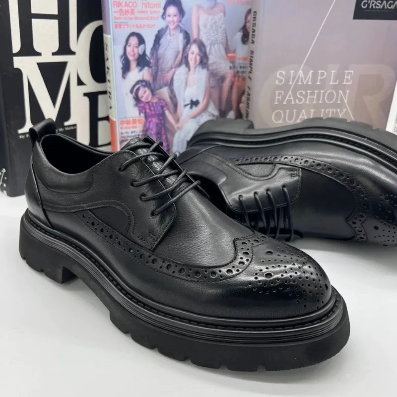 

British-style Men Brogue Shoes Genuine Leather Trendy Business Casual Dress Shoes Height-increasing Thick-sole Oxford Shoes