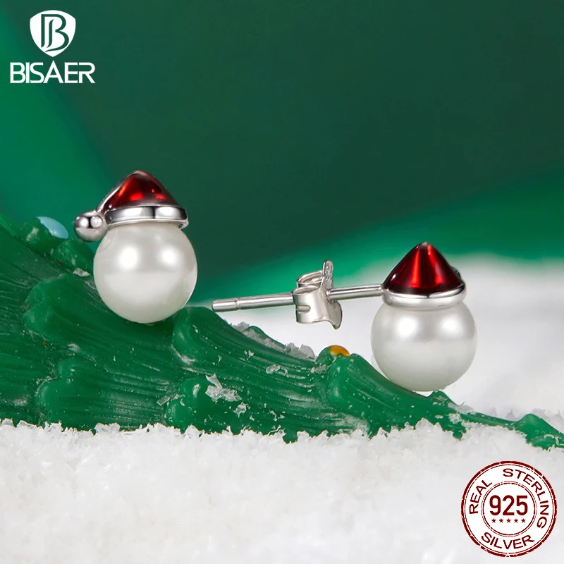 BISAER 925 Sterling Silver Cute Christmas Hat Pearl Stud Earrings Red Enamel Process for Women Fine Jewelry Holiday Gift EFE1094