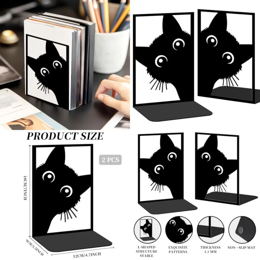 

2-х шт. металлические подставки для книг для полок, милые подставки для книг с котом, декоративные сверхпрочные концы книг для тяжелых книг, уникальные подарки для любителей кошек Bo