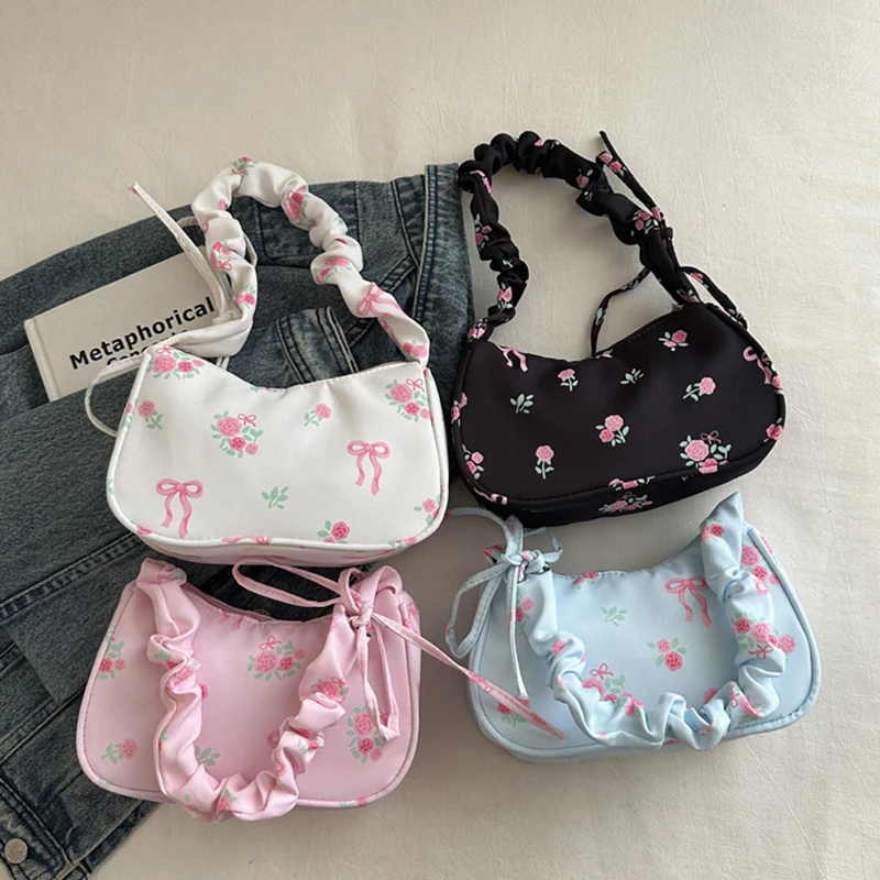 

2025 Summer Women Underarm Bags Canvas Pleated Drawstring Purse Aesthetic Floral Bow Design Y2K Pretty Fashion Shoulder Handbags