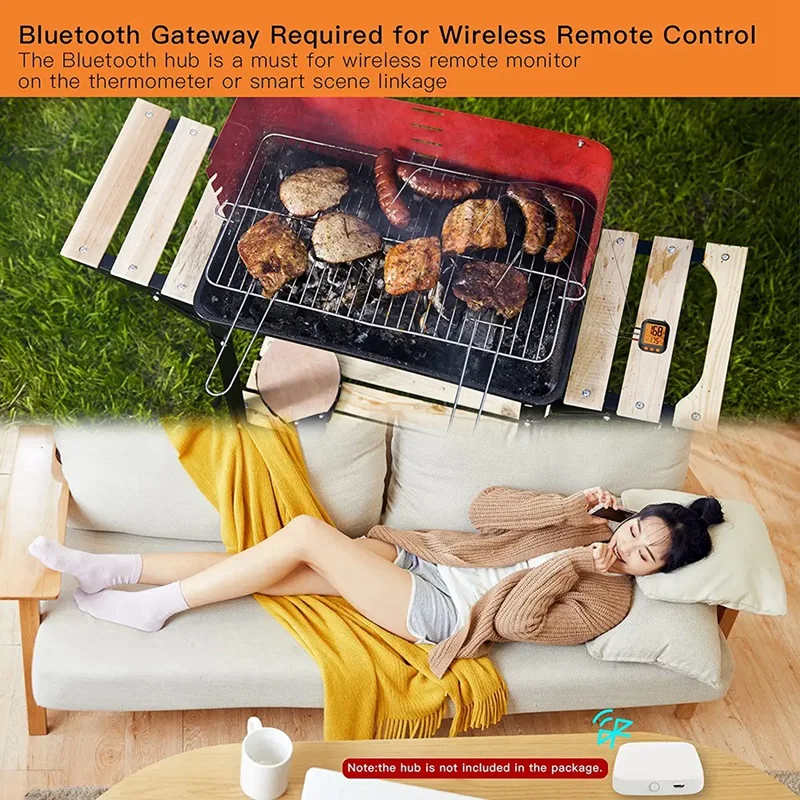 Hot ttkk Tuya เครื่องวัดอุณหภูมิเนื้อบลูทูธอัจฉริยะ, เครื่องวัดอุณหภูมิบาร์บีคิวสำหรับย่างและทำอาหาร, เทอร์โมมิเตอร์อาหารมีแสงไฟ, จับเวลา
