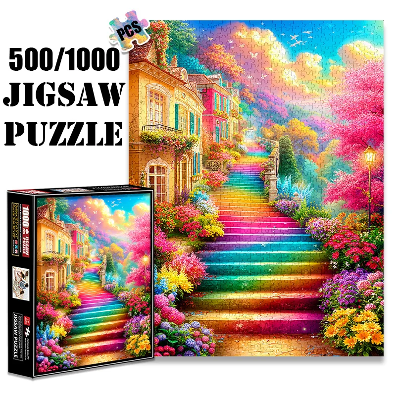 

1000 шт. пазл для взрослых 27,56x19,69 дюйма, большой размер, мечтательная Радужная лестница, сад, вилла, бумажная головоломка, 500 шт., подходит для взрослых и