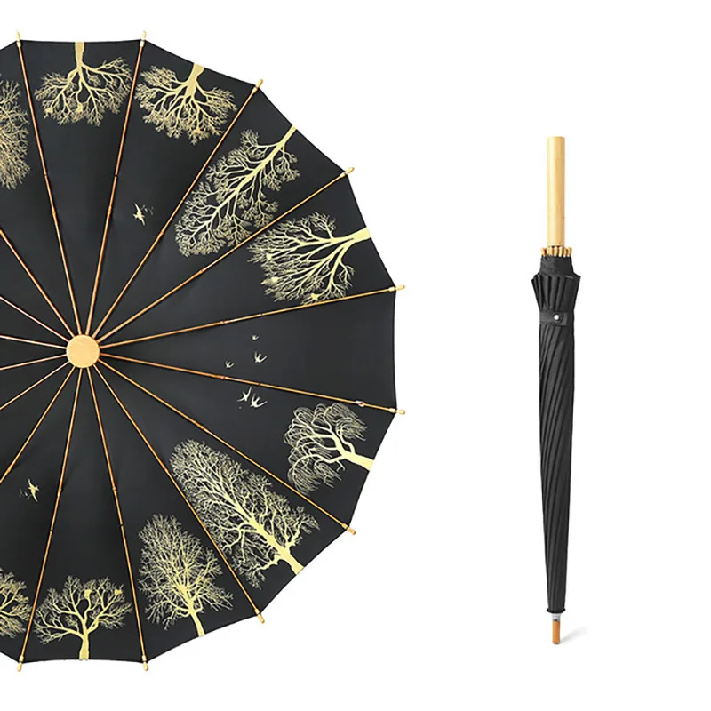 16-bone Long Handle Parasol Retro Art Wooden Handle Umbrella Chinese Style Sunny Umbrella Rain Gear