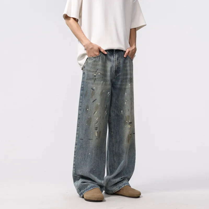 

Jean Men Denim Full Length Straight Jeans High Waist Pockets Denim Washed Trousers Vintage Wide Leg Pants 2025 Zipper Fly