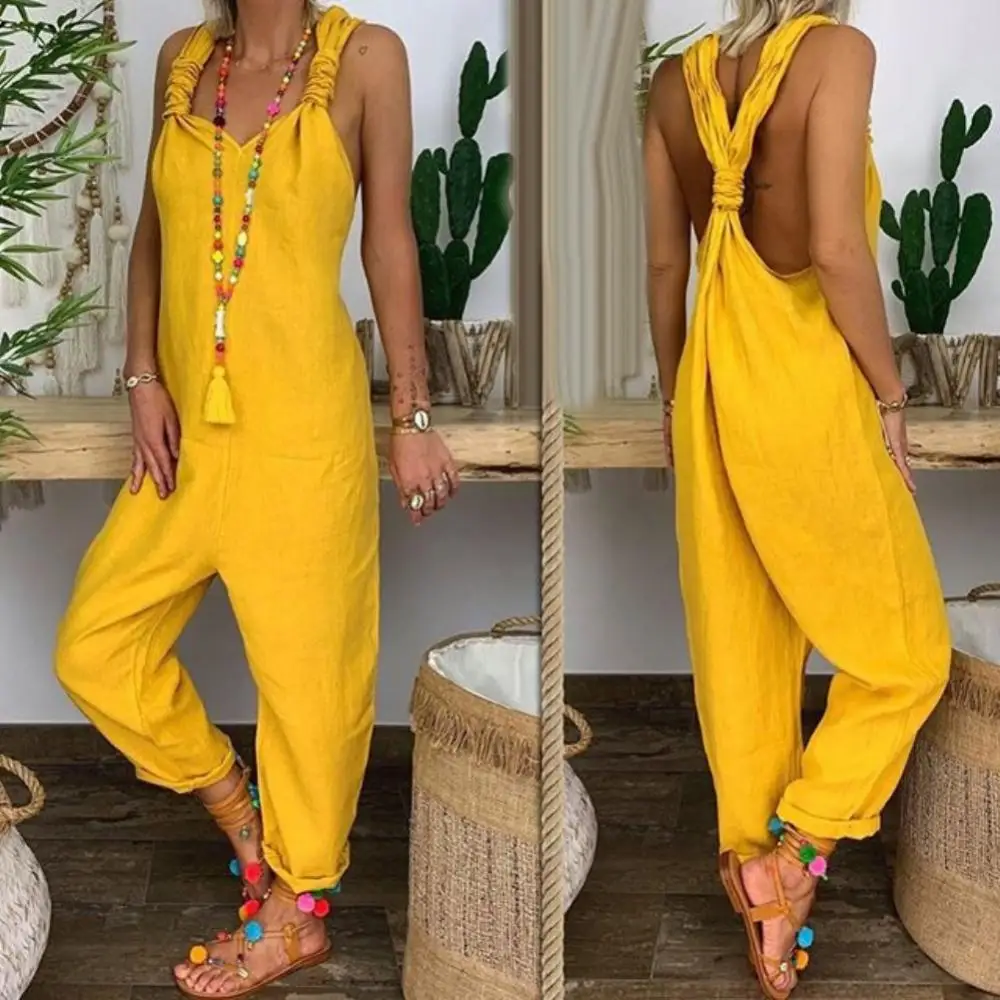 

Women Backless Dungarees Solid Color Sleeveless Jumpsuit Overall Bib Knotted Dungarees