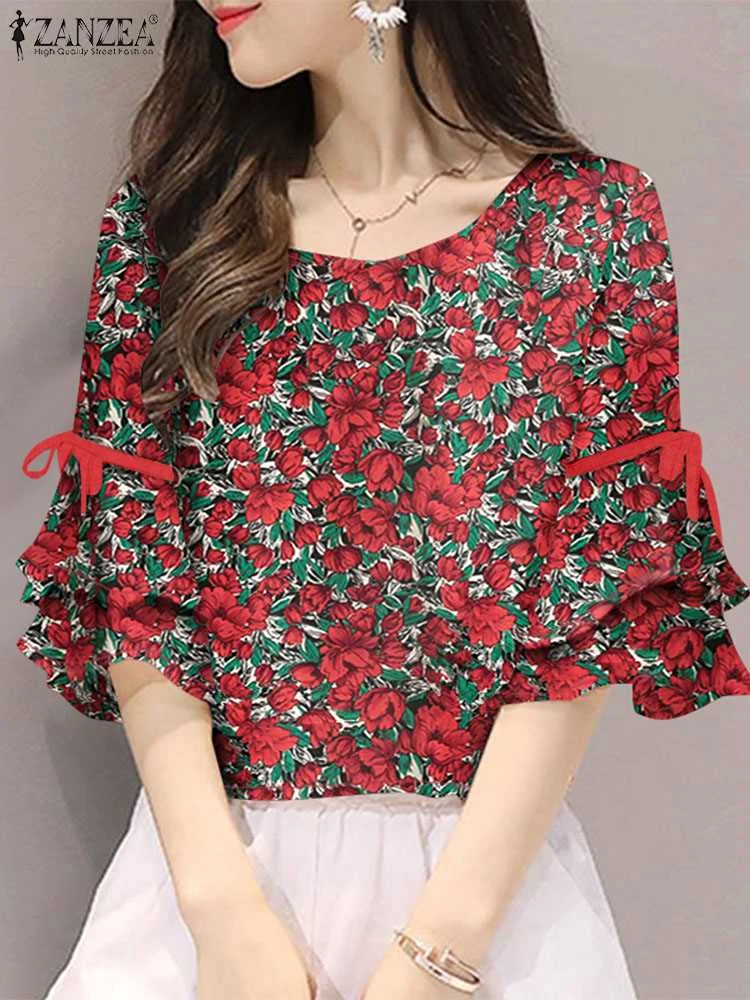 2024 ZANZEA Summer Blouse Women Short Sleeve Floral Printed Casual Shirt Elegant Work Blusas Bohemian Stylish Holiday Tops Tunic