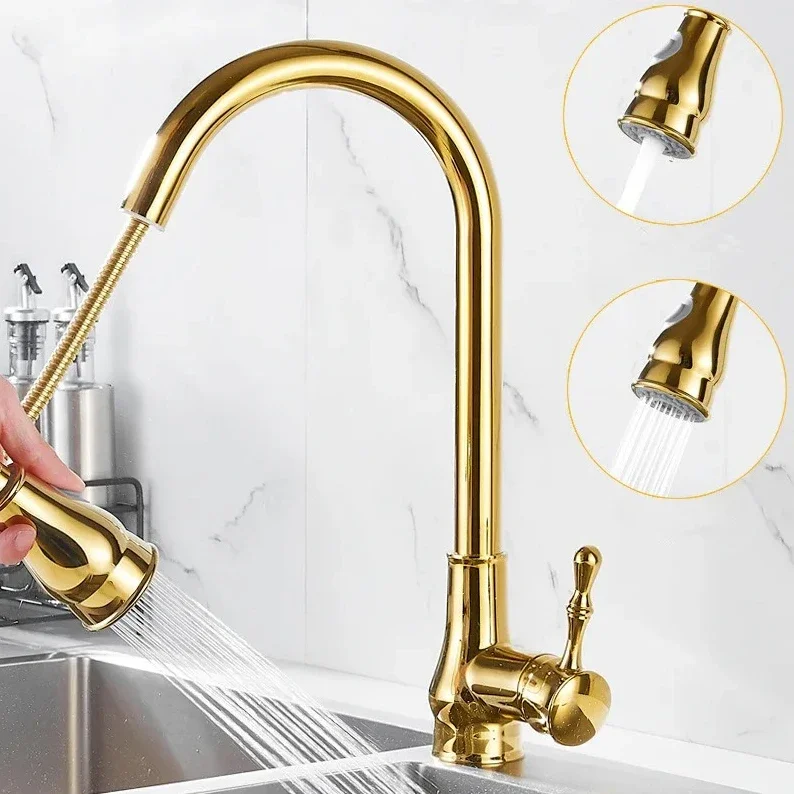 Tuqiu Pull Out Gold Kitchen Faucet Black Sink Faucet Mixer Tap 360 degree rotation torneira cozinha mixer taps Kitchen Tap