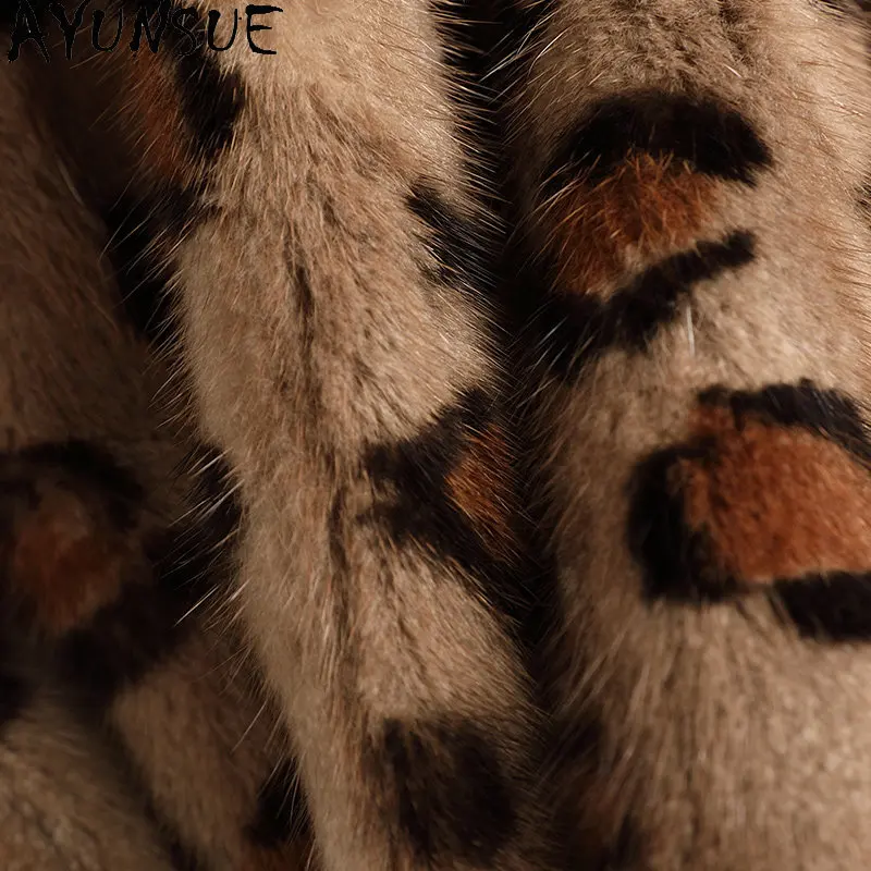 AYUNSUE 리얼 밍크 퍼 코트 여성용 레오파드 프린트 아우터웨어 겨울 퍼 재킷 짧은 스타일리시 퍼 코트 여성 의류