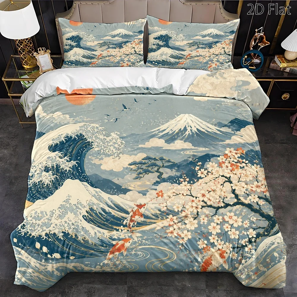 2D Japanese Ukiyo-E Wave Cherry Blossom Koi Duvet Cover Set 3-Piece Art Bedding Set Skin-Friendly Breathable All Season Machine