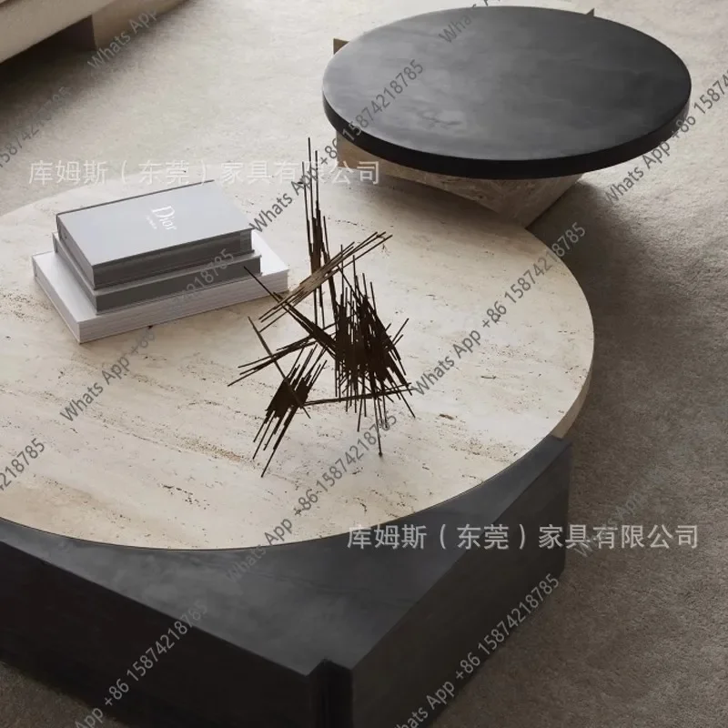 

W Nordic Grid Simple Natural Yellow Travertine Marble Combination Coffee Table Model Room Living Room Art Coffee Table