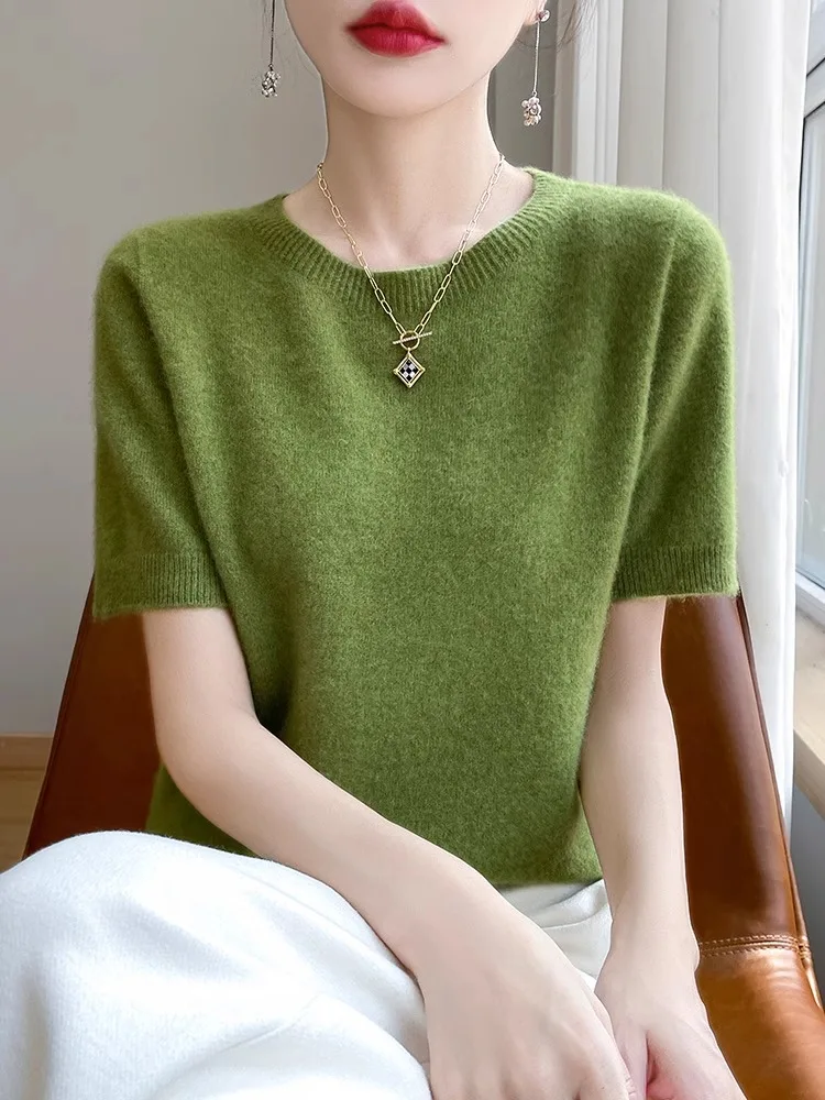 Solto ajuste redondo ne ort sve malhas feminino fino verão camiseta casual sle lã mistura interior wear topo