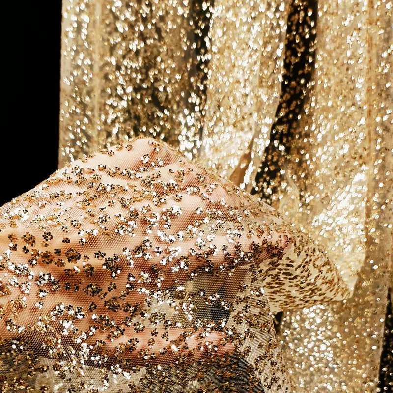 Yarn Sequins, Gold and White Hot Stamping Designer DIY Wrought Iron Yarn Wedding Background Sequins Mesh Fabric