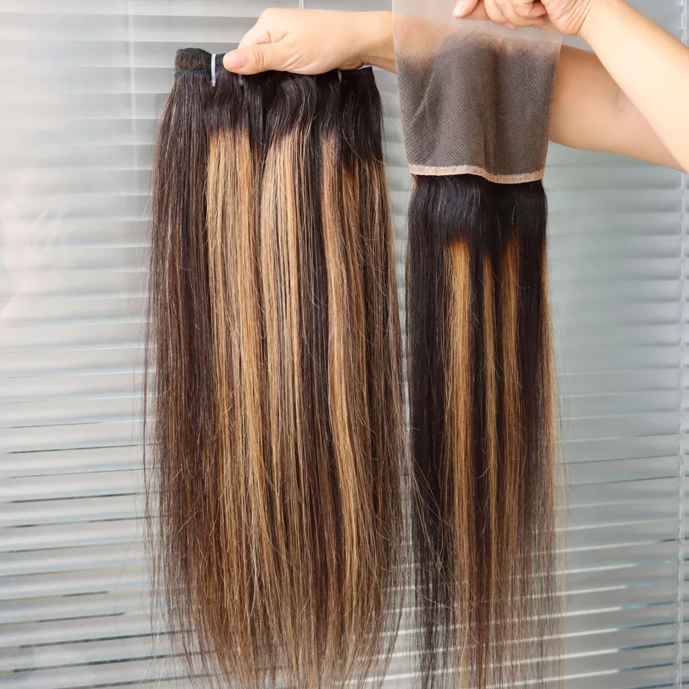 حزمة الشعر البشري مع الدانتيل إغلاق أمامي 4x4 5x5 13x4 13x6 عذراء الشعر الهندي تسليط الضوء على أومبير 1B 27 العسل شقراء كامل الرأس